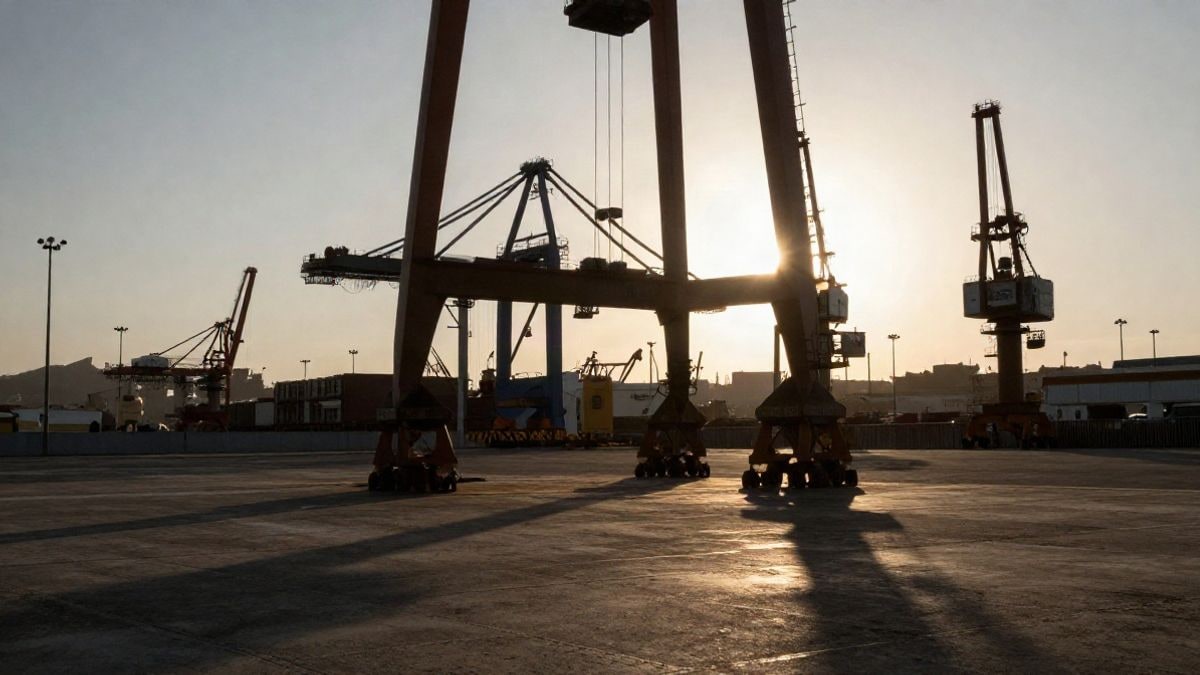 Illustrative image: loading crane at a port at sunset, casting long shadows