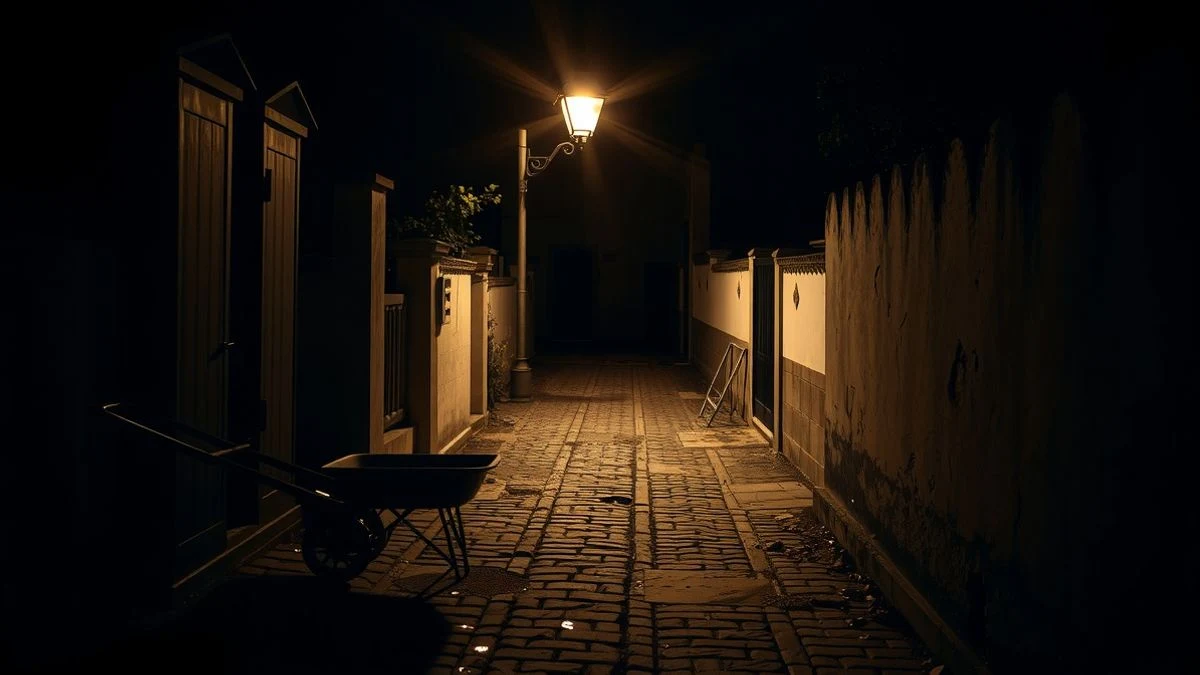 Imagen ilustrativa: entrada de un cementerio municipal iluminada por una farola, con una carretilla y una escoba apoyadas en una pared, al anochecer.