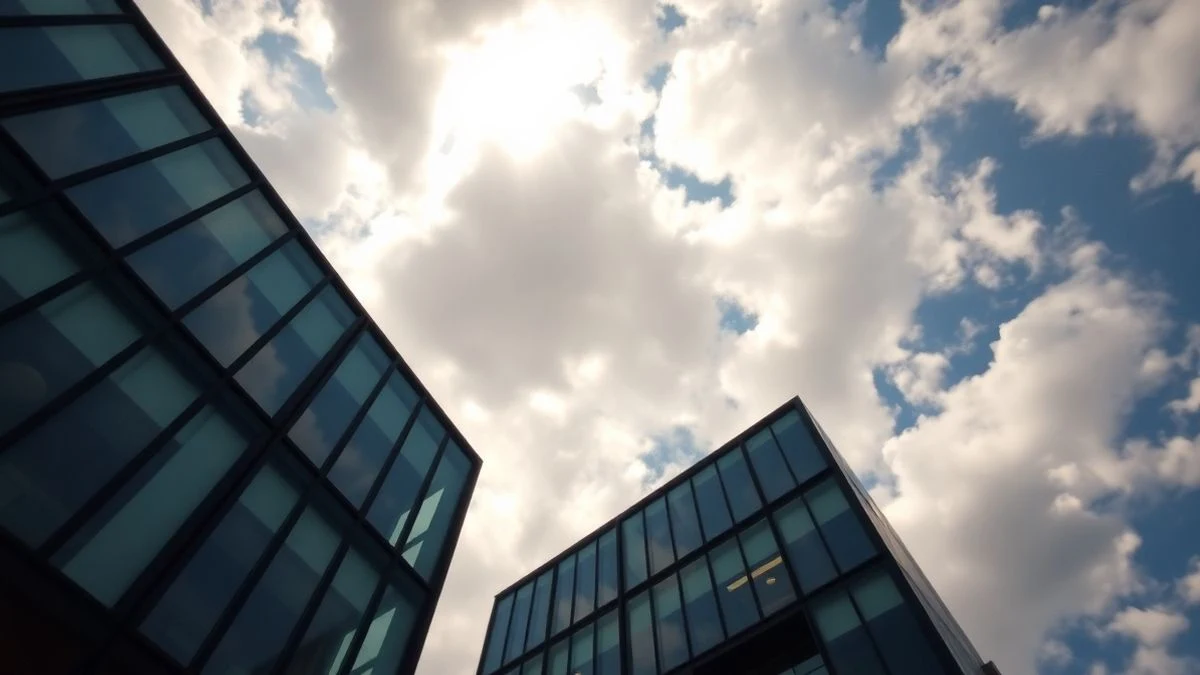 Imagen ilustrativa: ángulo bajo de un edificio de oficinas moderno con fachada de cristal y cielo nublado de fondo