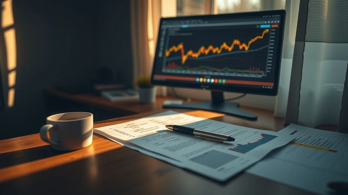 Imagen ilustrativa: un escritorio de oficina con informes financieros y una taza de café iluminado por luz lateral de ventana, con un monitor que muestra gráficos bursátiles al fondo