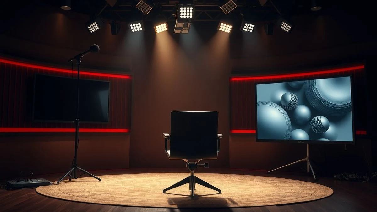 Plano lateral de un plató de televisión vacío con una silla frente a un micrófono, luz dramática
