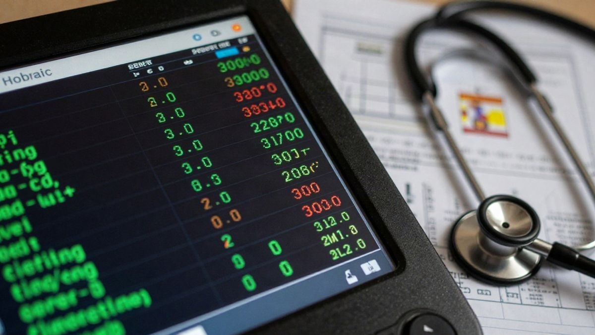 Imagen ilustrativa: un primer plano de una pantalla digital con datos médicos, junto a un estetoscopio y gráficos médicos en el fondo, en un entorno de salud genérico.