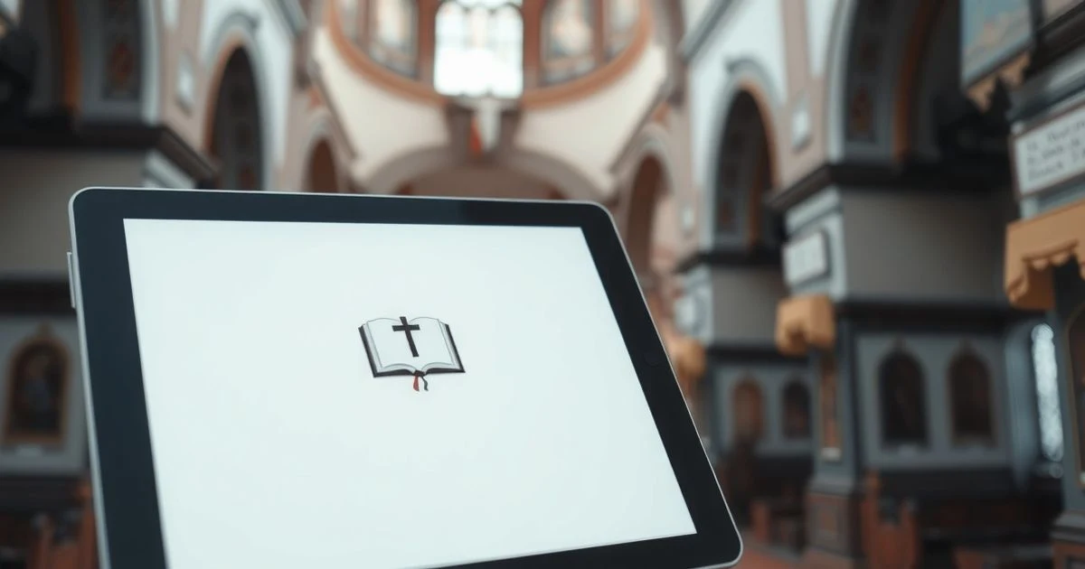 Tableta digital con iconos de libro y cruz sobre fondo de iglesia desenfocado