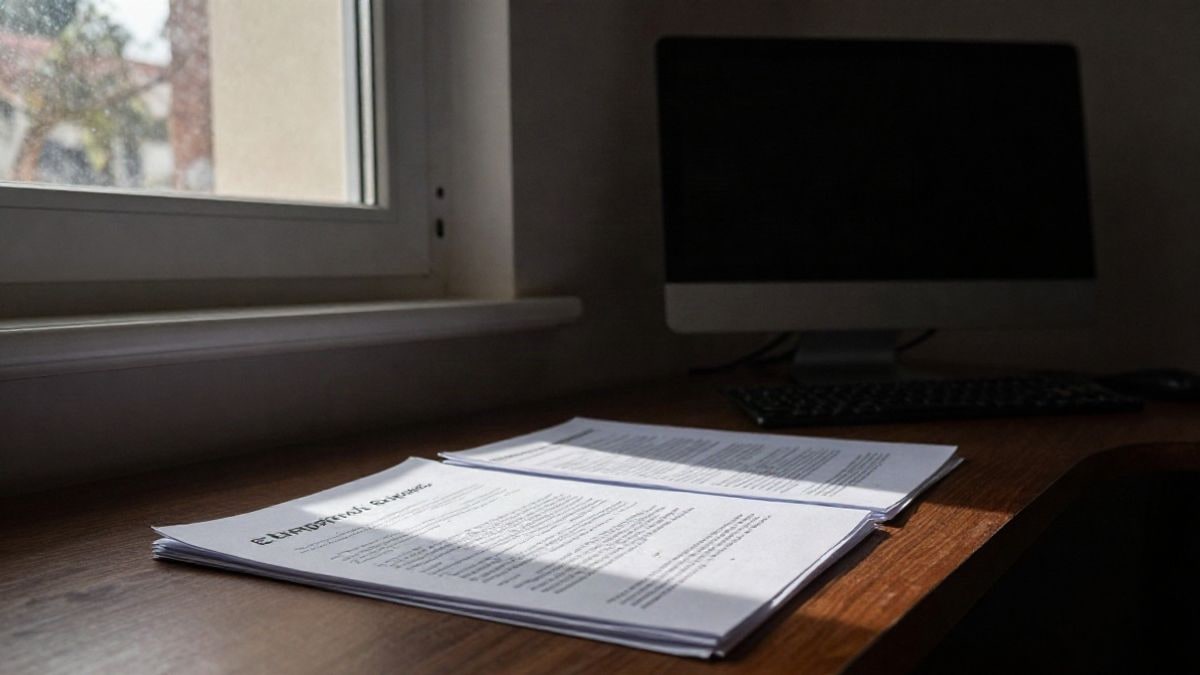 Imagen ilustrativa: escena de oficina con luz natural, mostrando un escritorio con documentos y un ordenador, simbolizando el apoyo gubernamental y procesos de ayudas financieras.
