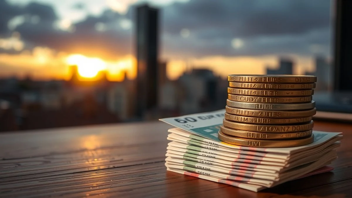 Primer plano de monedas y billetes de euro sobre una mesa de madera, con el horizonte de una ciudad al atardecer de fondo desenfocado