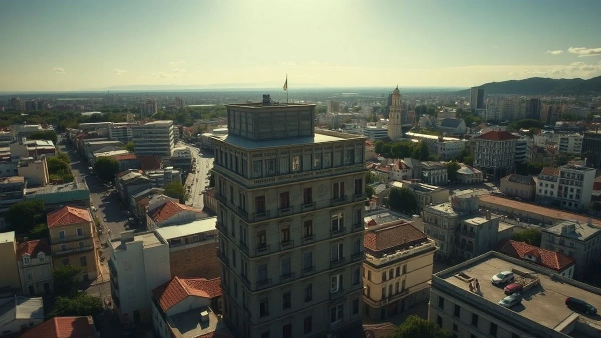 Fachada del Banco Central del Uruguay en Montevideo con cielo despejado