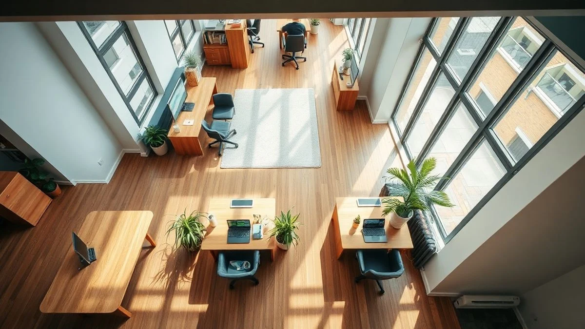 Imagen ilustrativa: vista cenital de un espacio de coworking moderno con mesas de madera y plantas, iluminado por luz natural.