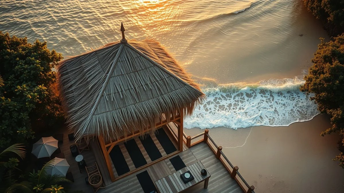 Vista cenital de una shala de yoga con techo de palma en una playa tropical de Nayarit al atardecer