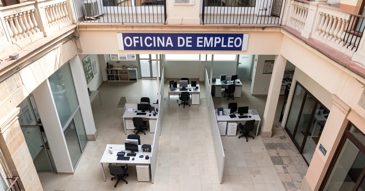 Vista aérea de una oficina de empleo vacía en Sevilla con ordenadores y escritorios