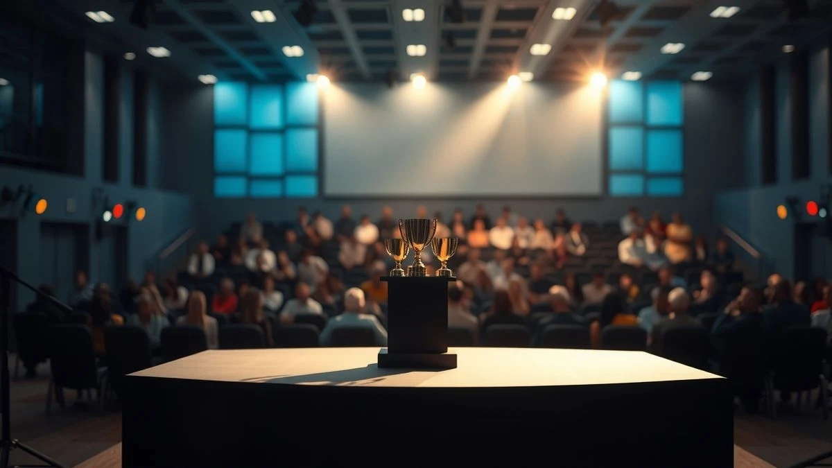 Podio vacío con tres trofeos en un centro de convenciones moderno