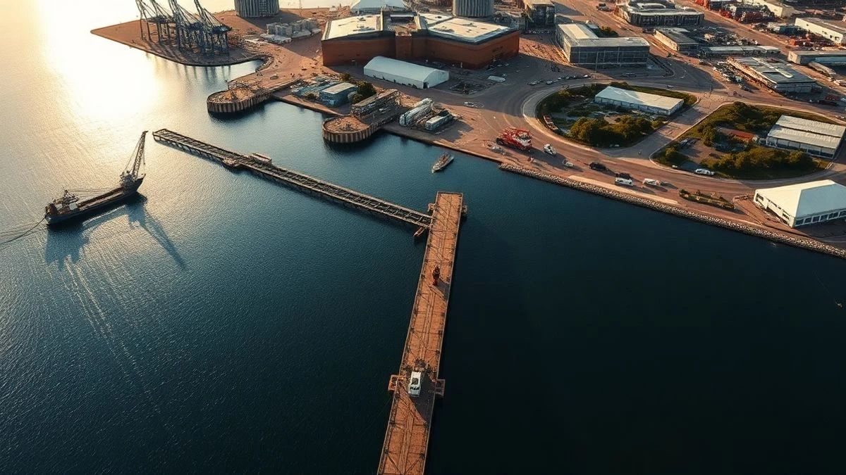 Vista aérea de la construcción del Muelle Sur en el Puerto de Huelva con grúas y edificios industriales al atardecer
