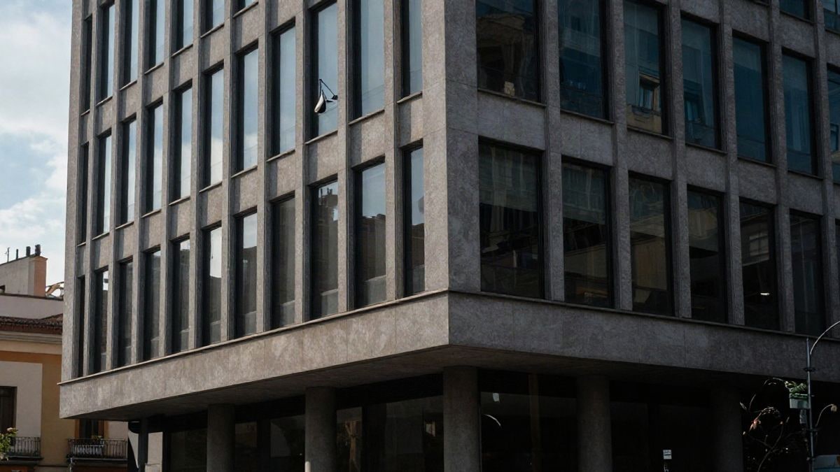 Imagen ilustrativa: un edificio de oficinas moderno en un distrito empresarial, sin personas y con un cielo despejado, enfocado en detalles arquitectónicos.