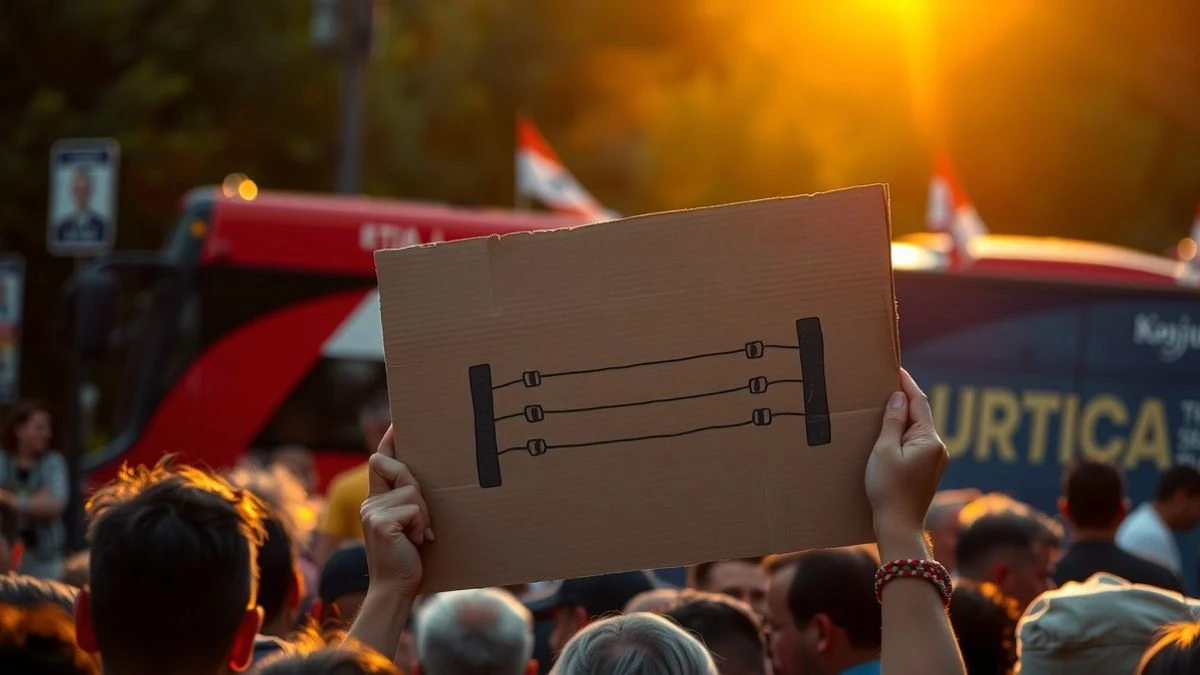 Cartel con dibujo de ring de boxeo sostenido entre el público al atardecer