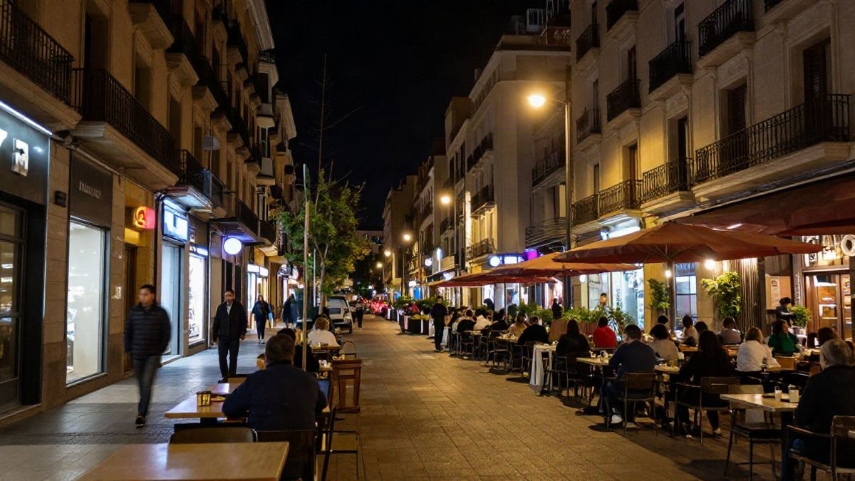 Illustrative image: night view of a city street with neon lights and commercial activity.