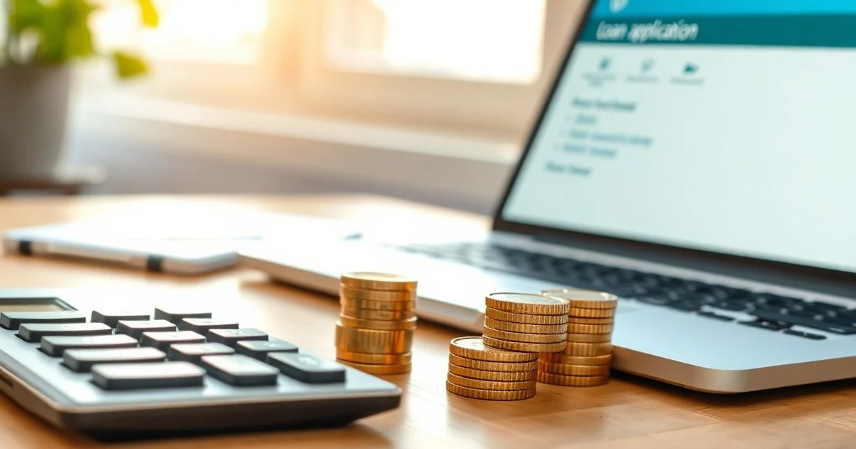 Calculadora y monedas de euro sobre un escritorio de madera con un portátil de fondo