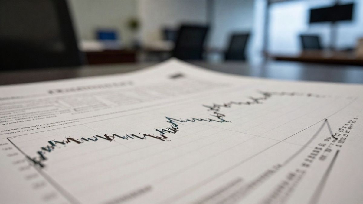 Illustrative image: close-up of financial documents and stock market graphs, with a blurred corporate office background.