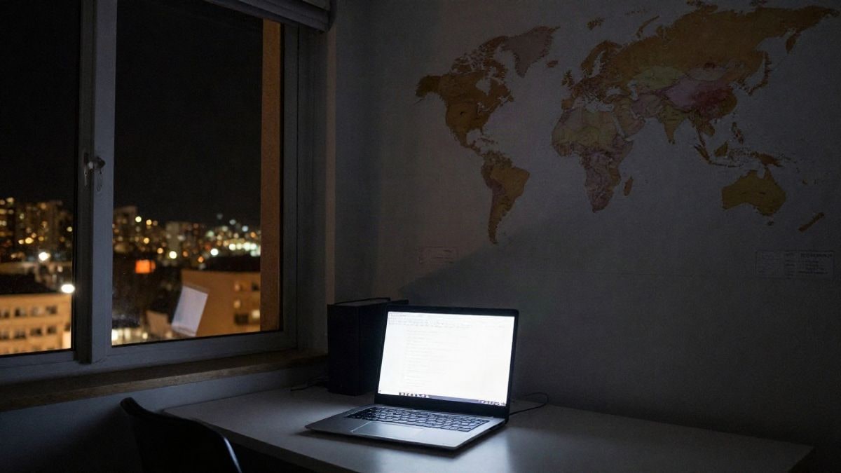 Illustrative image: laptop on in a night office with a world map reflection