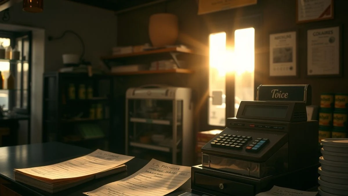 Máquina registradora antigua y facturas manuscritas en un mostrador con contraluz al atardecer