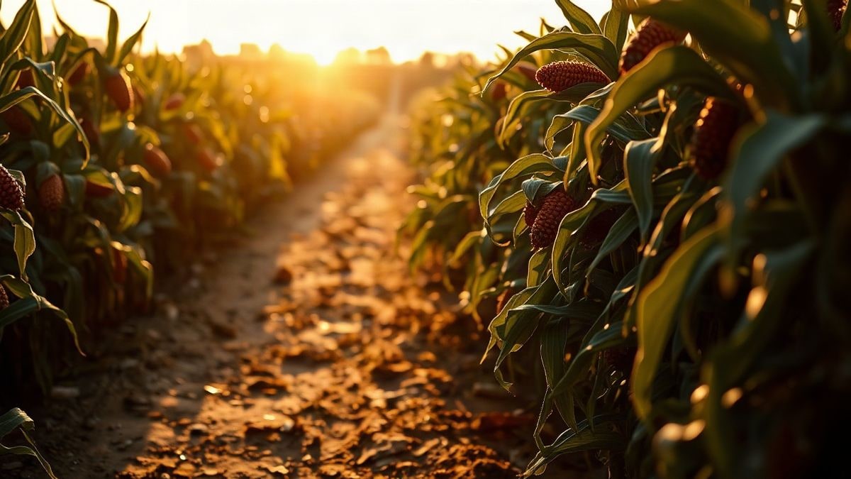 Illustrative image: cotton field at sunset with open capsules and a dirt path in the background
