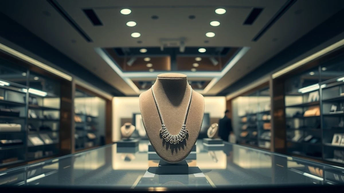 Imagen ilustrativa: expositor de joyería con un collar sobre terciopelo iluminado por un foco en un entorno de tienda