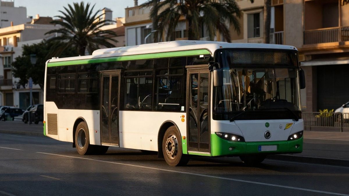 Illustrative image: modern hybrid bus parked on a street at sunset, with warm light and long shadows.