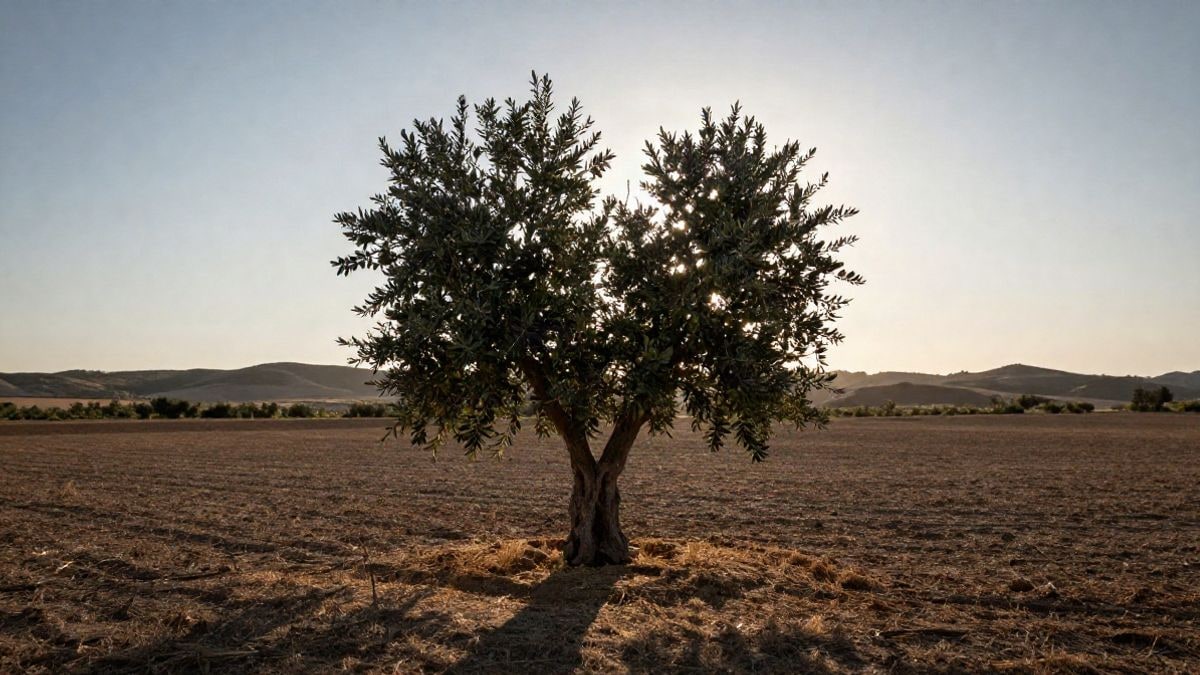 Illustrative image: a solitary olive tree in a dry field at sunset