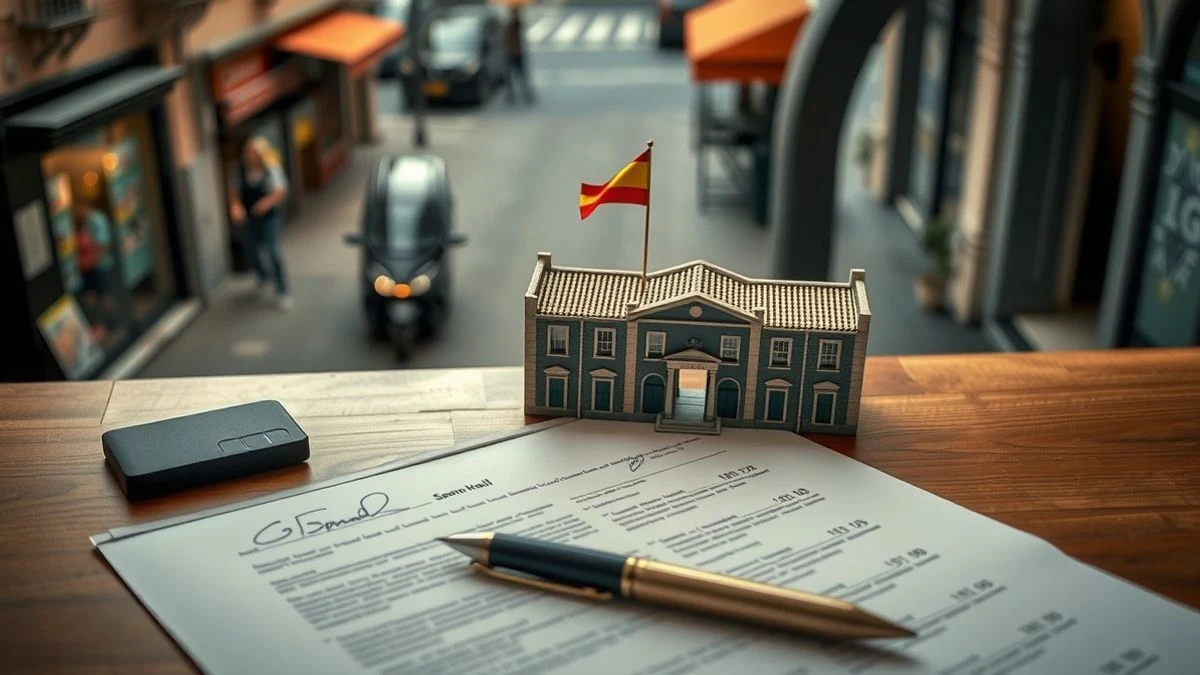 Vista cenital de un documento firmado sobre una mesa con una maqueta del ayuntamiento y un bolígrafo, fondo desenfocado de calle comercial