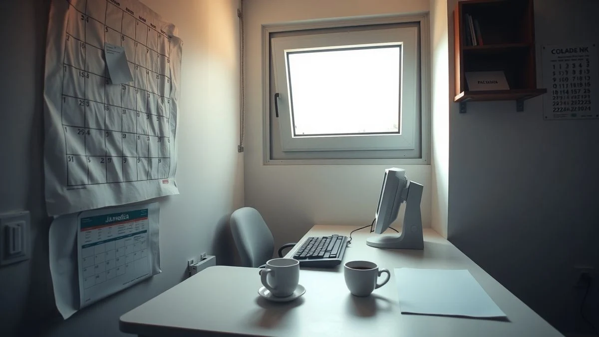 Interior de oficina vacía con luz de ventana lateral, mesa con ordenador apagado y calendario con fechas tachadas
