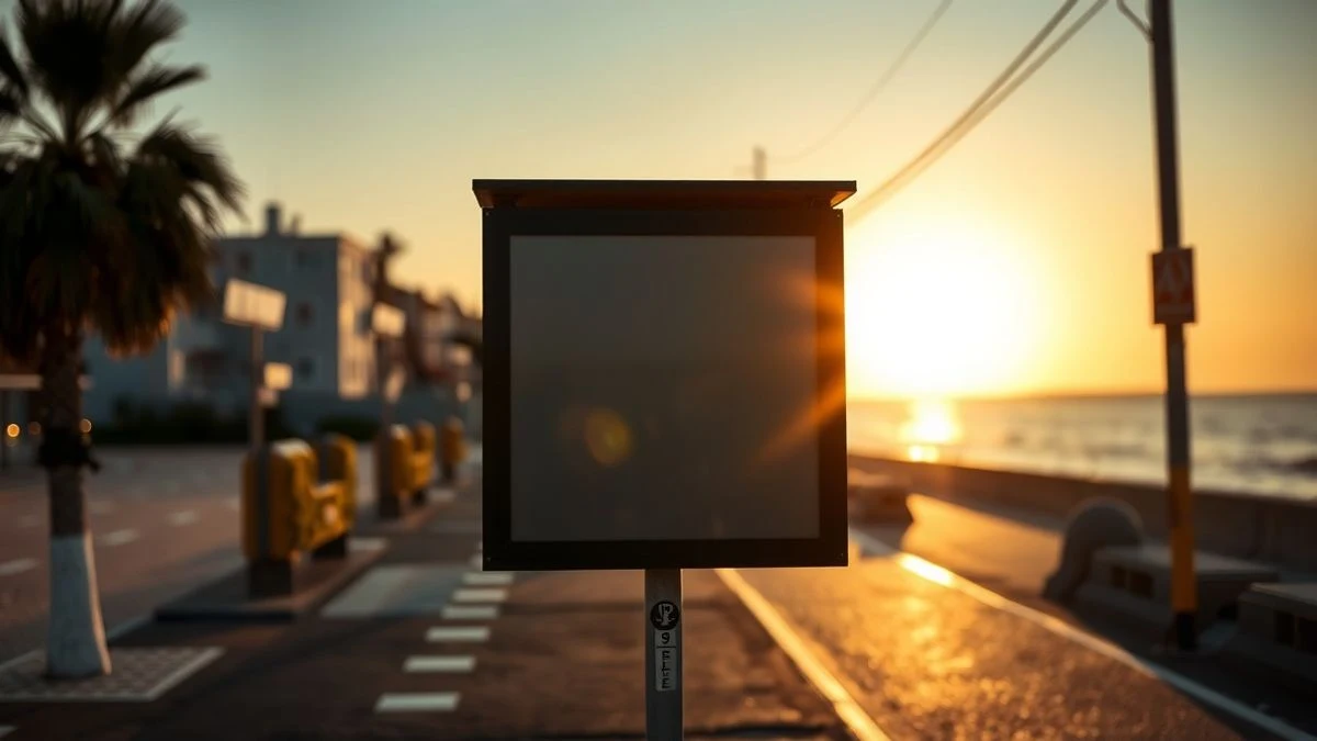 Cartel de parada de autobús en un pueblo costero con la playa de fondo al atardecer