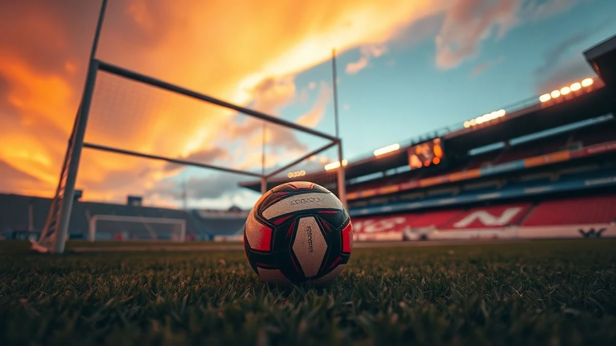 Balón de fútbol en el césped de un estadio vacío al atardecer, con portería y cielo naranja de fondo.