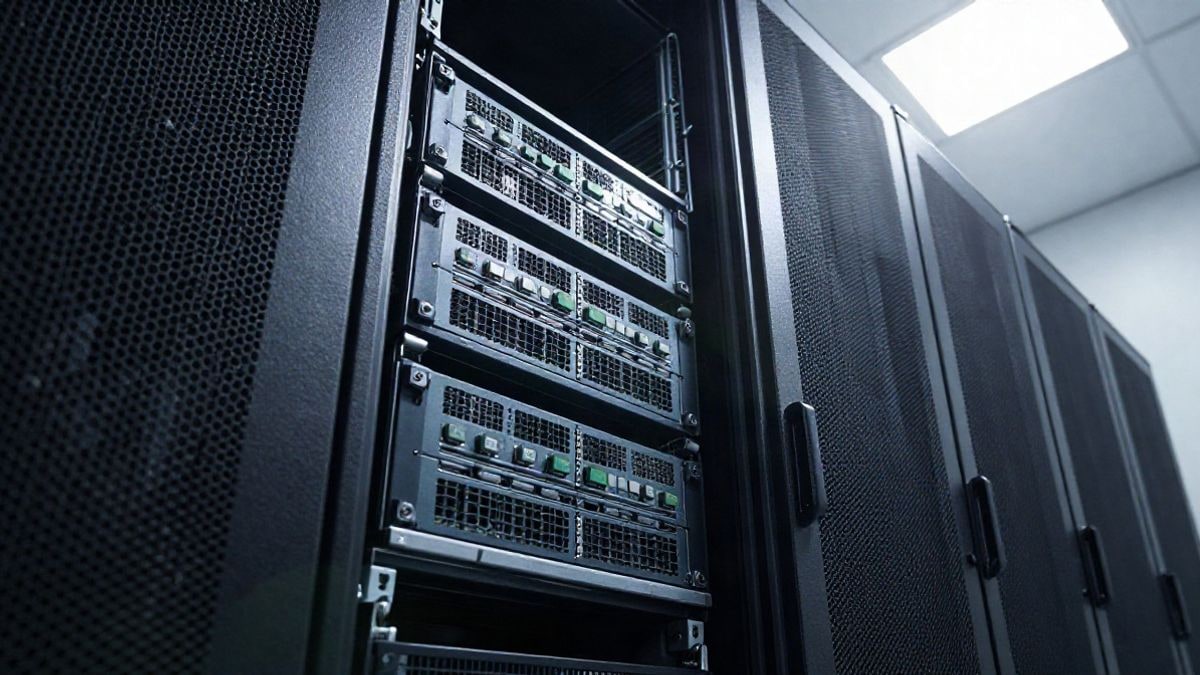 Illustrative image: view of a modern data centre with servers and computer chips, without people or logos