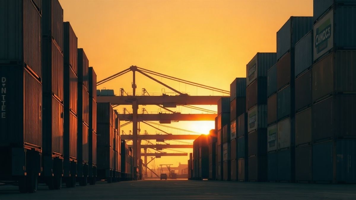 Imagen ilustrativa: contenedores apilados en un puerto industrial genérico al atardecer