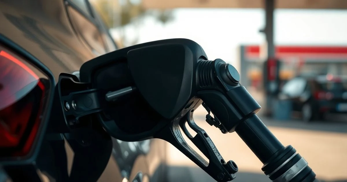 Boquilla de combustible en el depósito de un coche en una gasolinera
