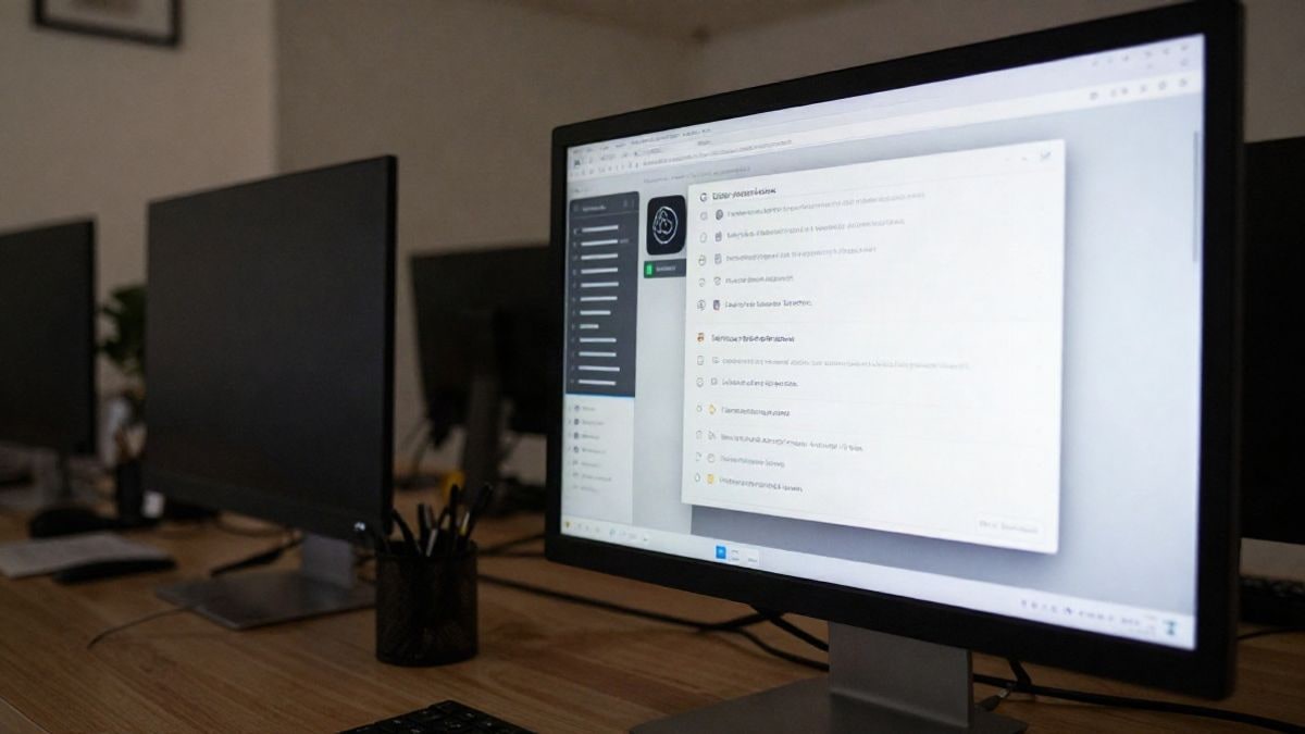 Imagen ilustrativa: un espacio de trabajo moderno con una interfaz de asistente digital, herramientas para gestión de tareas y productividad.