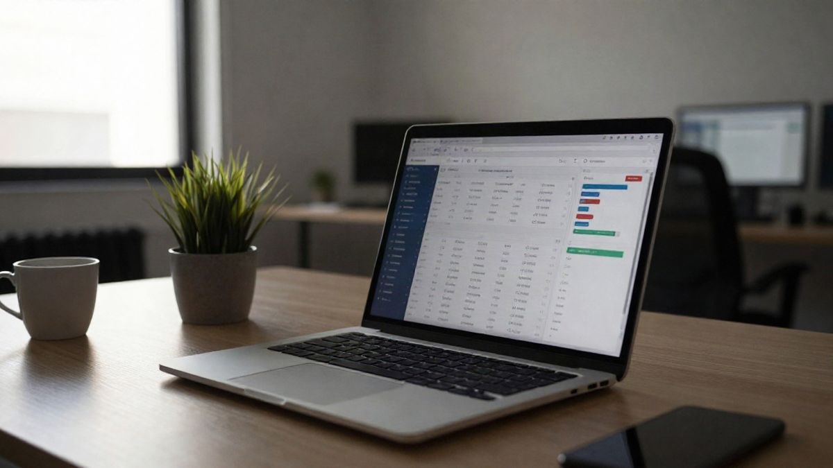 Illustrative image: an office desk with a laptop showing a digital business panel, a plant, and a coffee cup, with soft natural light.