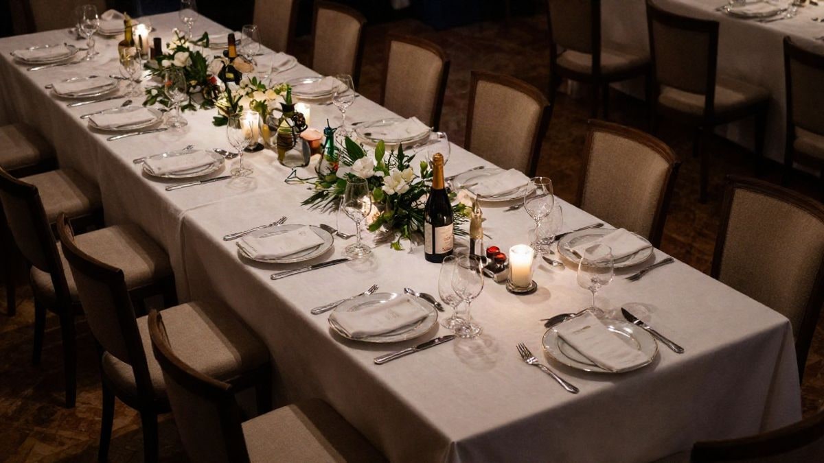 Imagen ilustrativa: mesa elegantemente decorada para una cena de Estado, con vajilla fina y ambiente iluminado suavemente, sin personas ni rostros reconocibles.