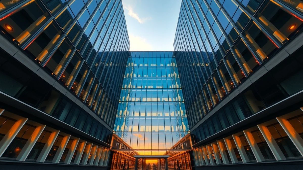 Imagen ilustrativa: fachada de un edificio bancario corporativo al atardecer con reflejos dorados en los ventanales.