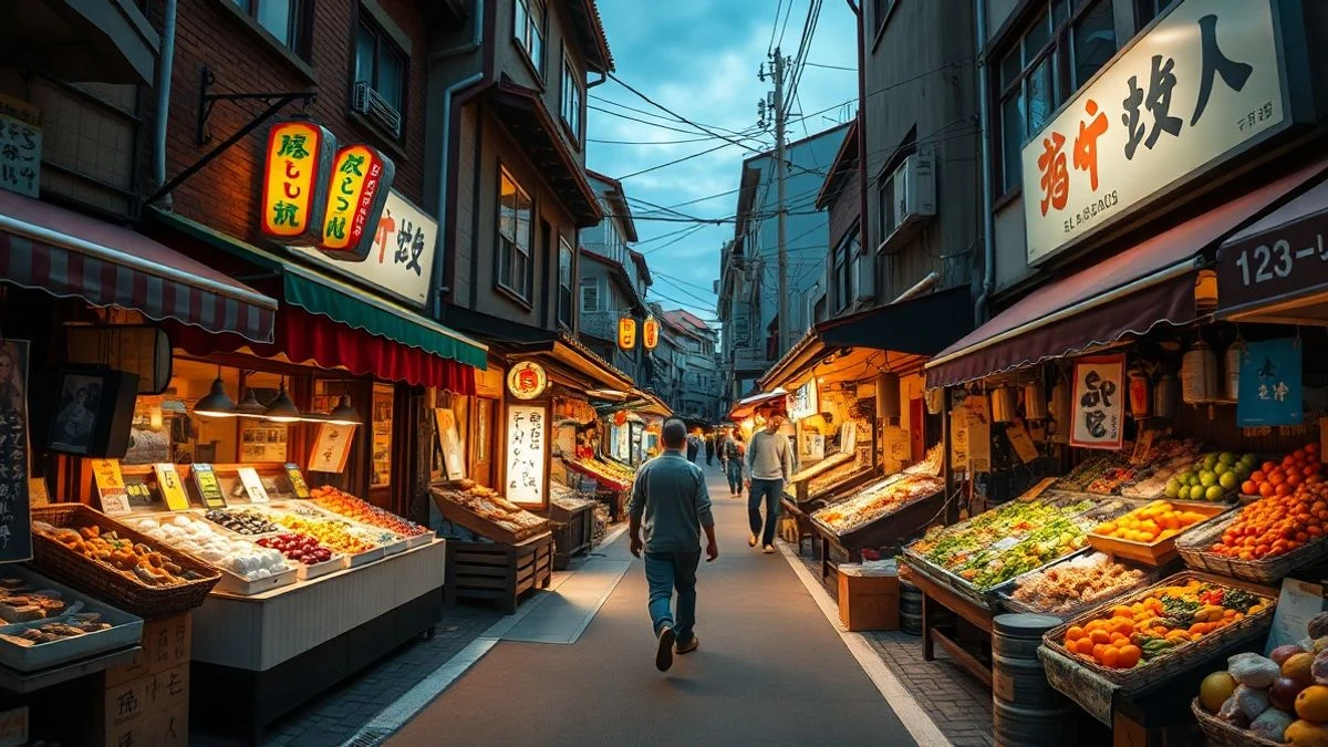 Imagen ilustrativa: un mercado callejero japonés al atardecer, con puestos de productos gourmet y personas de espaldas en la distancia.