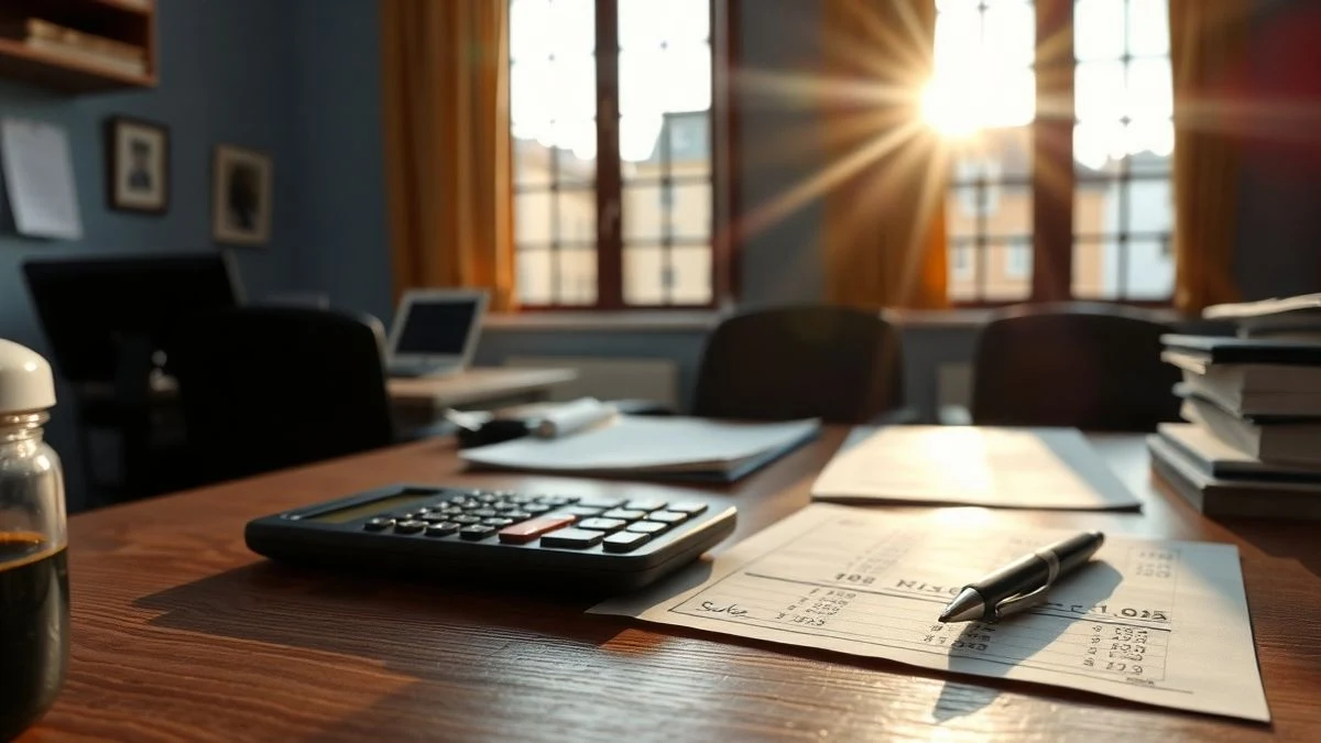 Imagen ilustrativa: un escritorio de madera con documentos financieros y una calculadora, iluminado por luz natural
