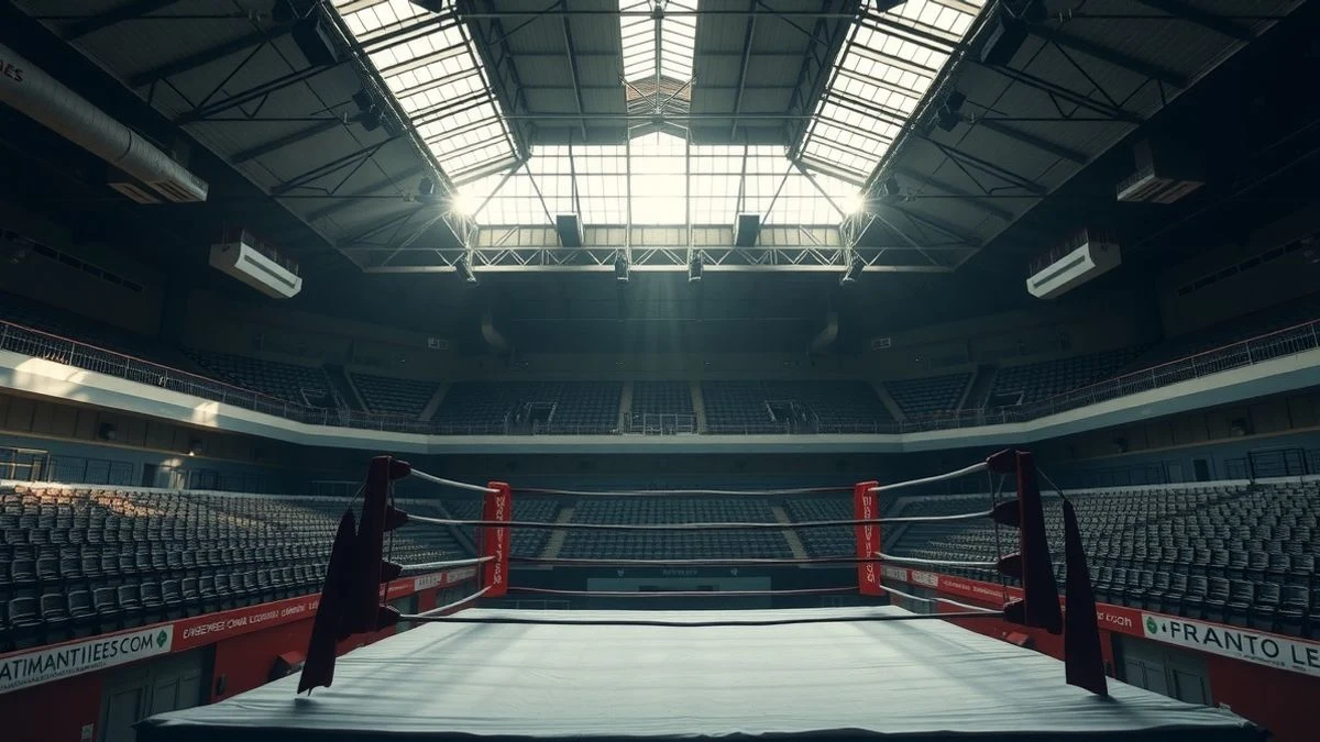 Imagen ilustrativa: un ring de boxeo vacío en un gran estadio iluminado por luz natural, con gradas desocupadas y arquitectura moderna.