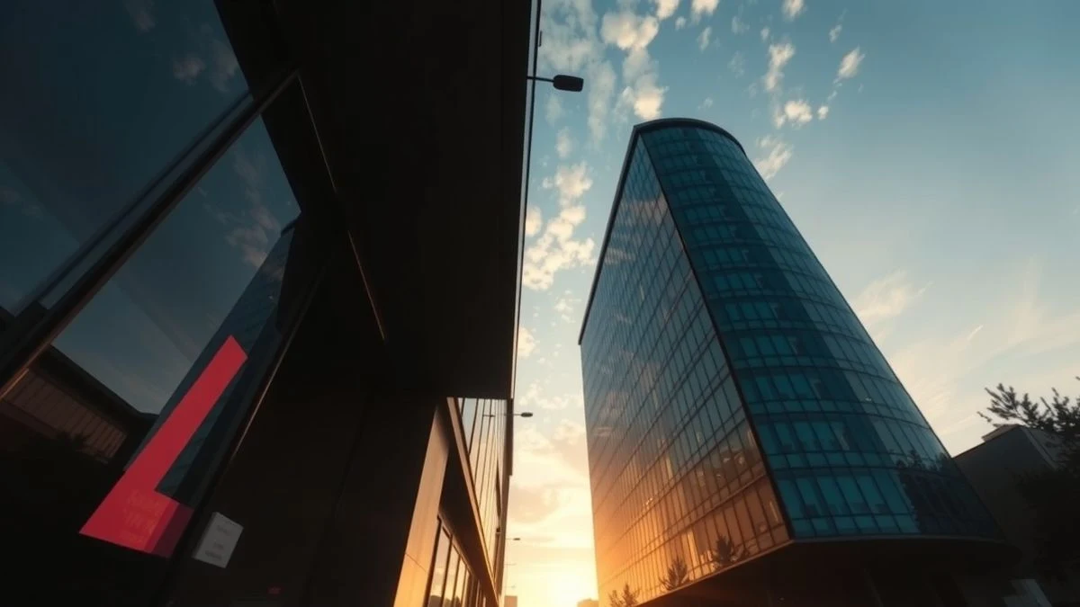 Imagen ilustrativa: vista a ras de suelo de un edificio de oficinas con fachada de cristal al atardecer, con el cielo de fondo.