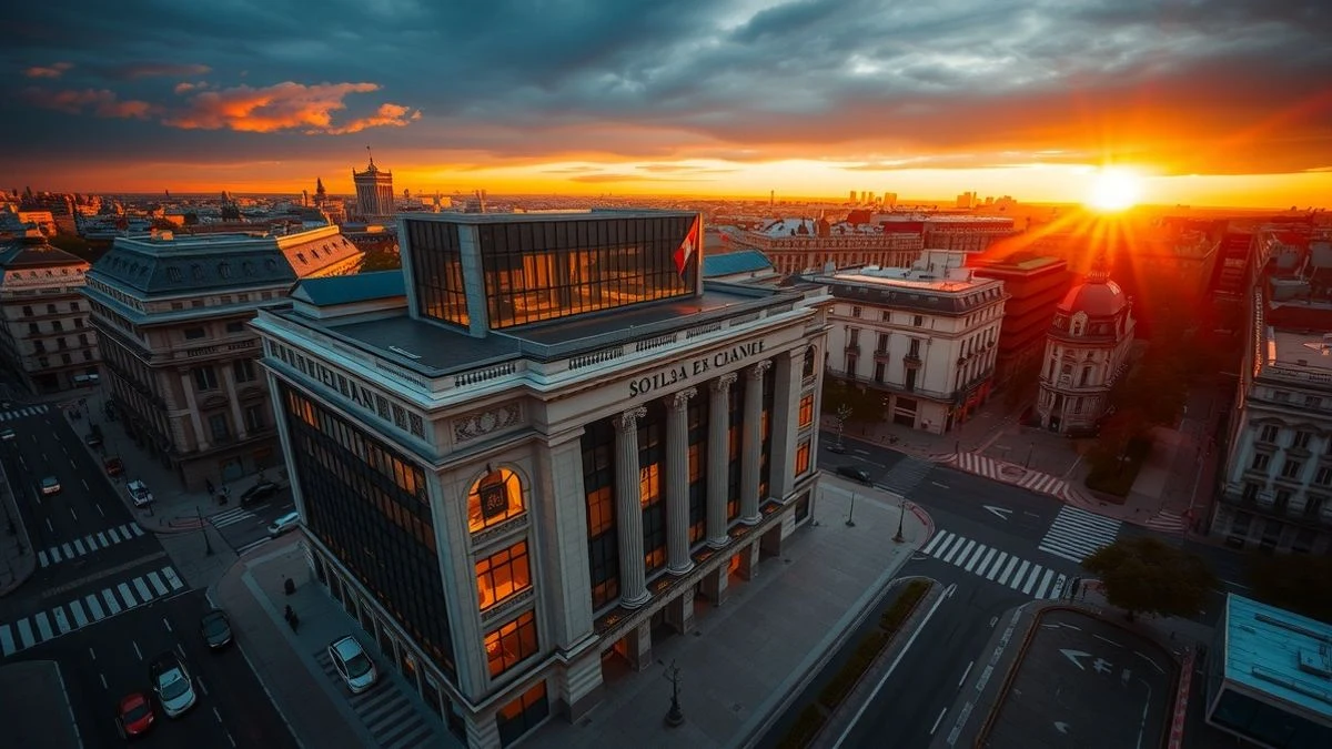 Vista cenital del edificio de la Bolsa de Madrid al atardecer