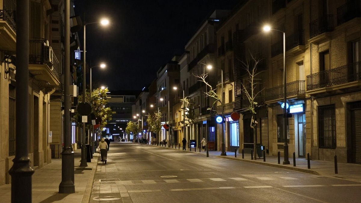 Imagen ilustrativa: vista nocturna de una calle iluminada con farolas y luces de neón, representando el crecimiento económico en un contexto urbano.