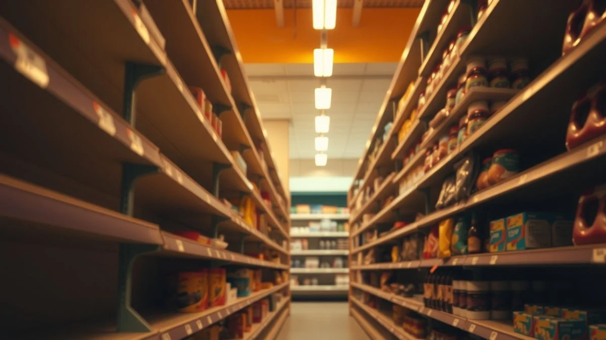 Pasillo de supermercado vacío con luz de atardecer y sombras largas