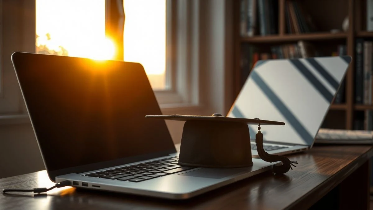 Imagen ilustrativa: un portátil con un birrete sobre el teclado, junto a una ventana con luz de atardecer que proyecta sombras largas.