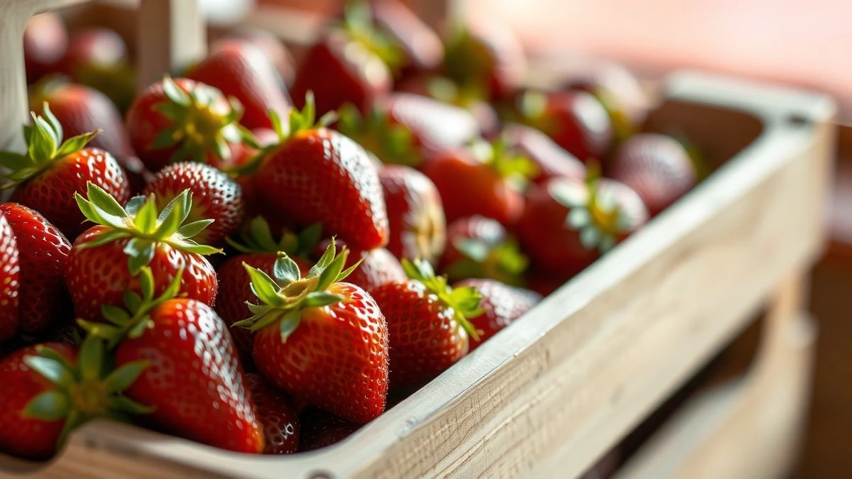 Caja de madera con fresas rojas frescas, con luz natural suave y fondo de campo desenfocado