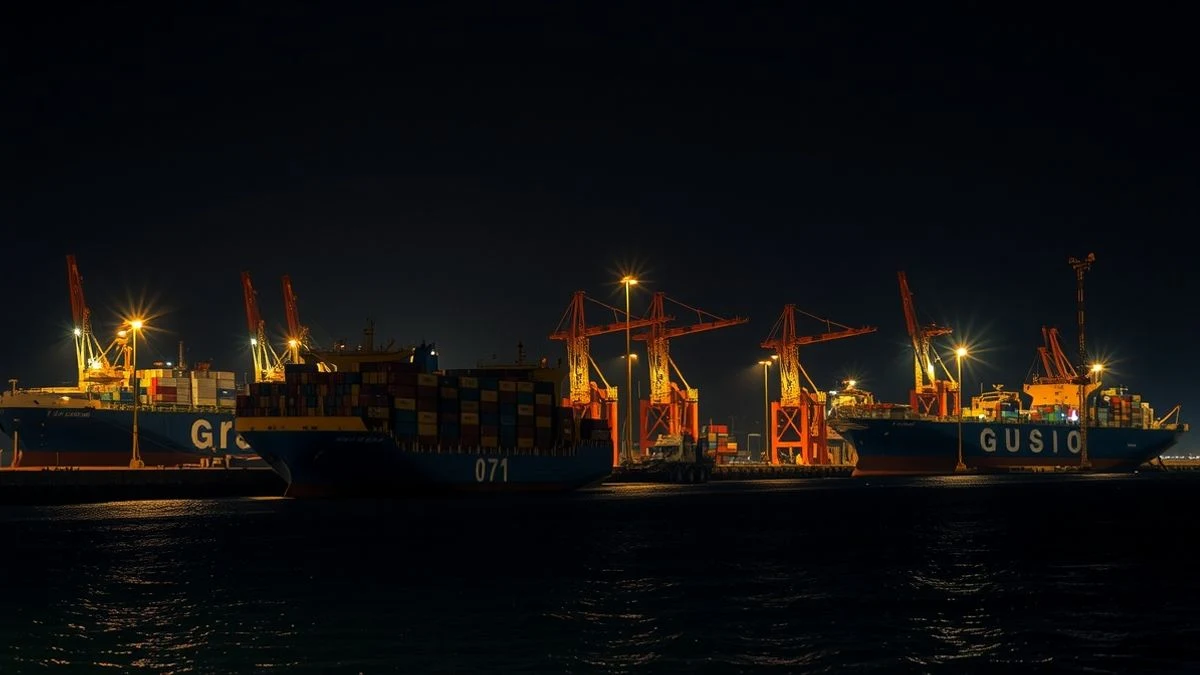 Imagen ilustrativa: vista nocturna de un puerto con grúas y contenedores iluminados por farolas, un barco atracado en el muelle.