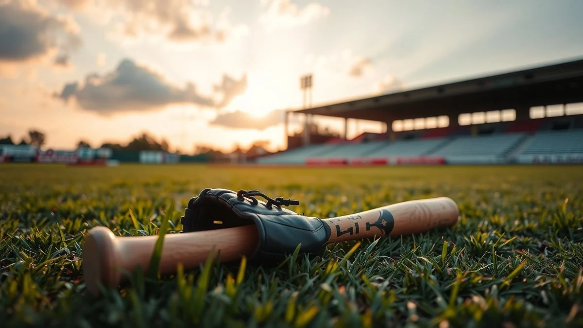 Un bate y un guante de béisbol sobre el césped de un campo vacío, con el cielo de fondo al atardecer.