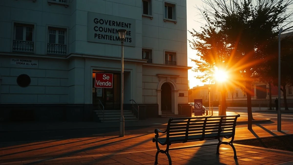 Fachada de un edificio gubernamental al atardecer con sombras alargadas y un cartel de Se Vende en una ventana