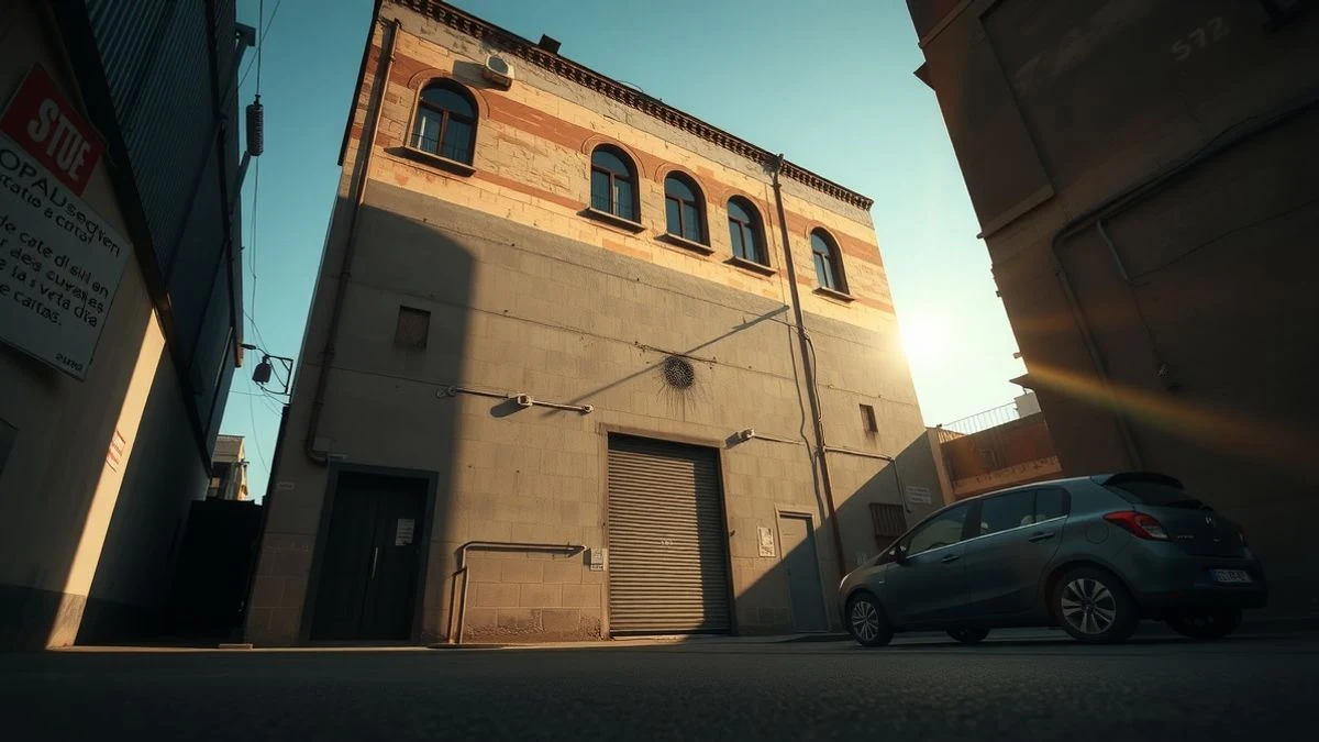 Fachada de una nave industrial en Badalona con el nombre de Plásticos Juárez, al atardecer